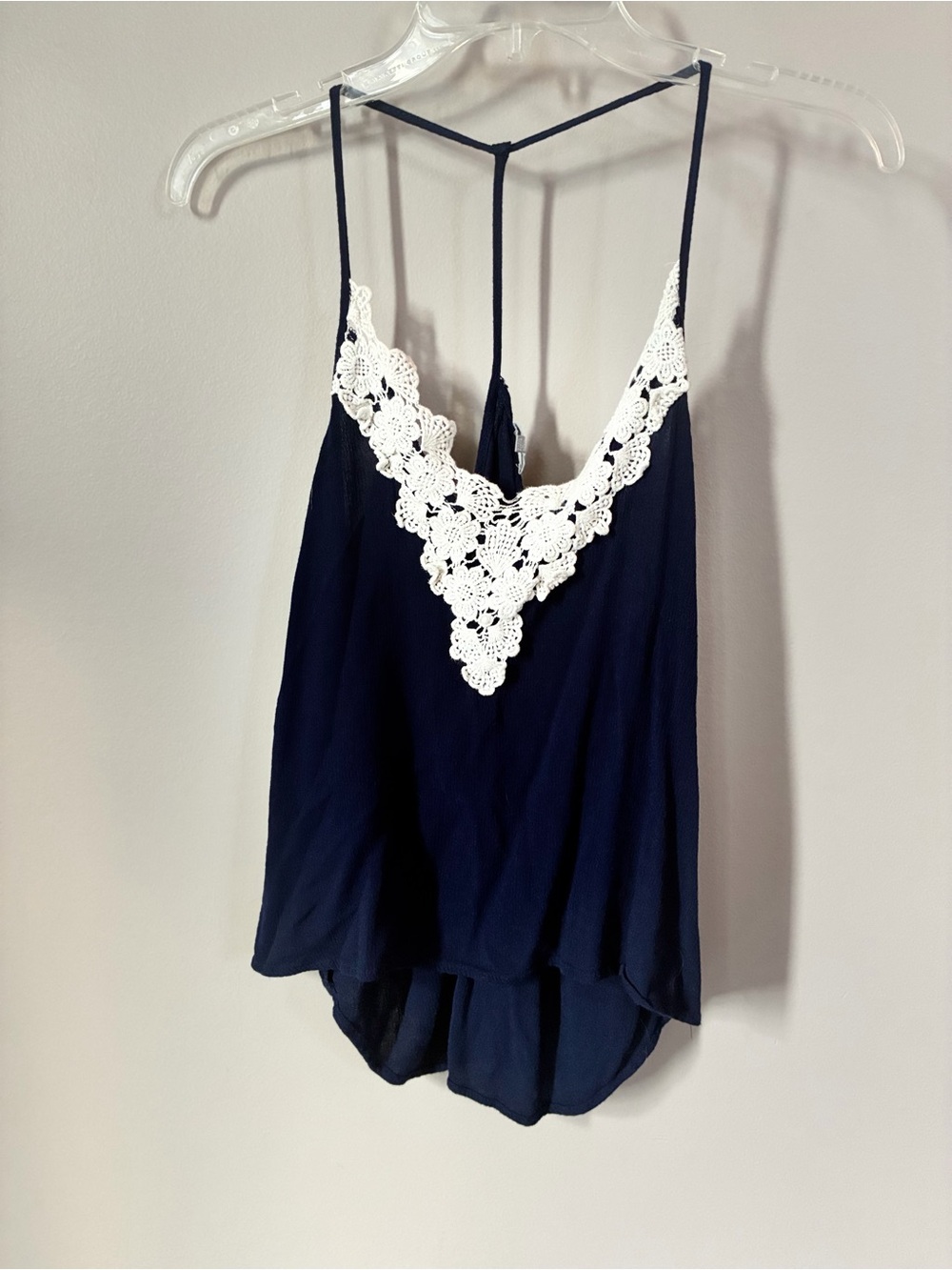 Charlotte Russe Navy Blue Cami Tank Top White Crochet Lace Trim M